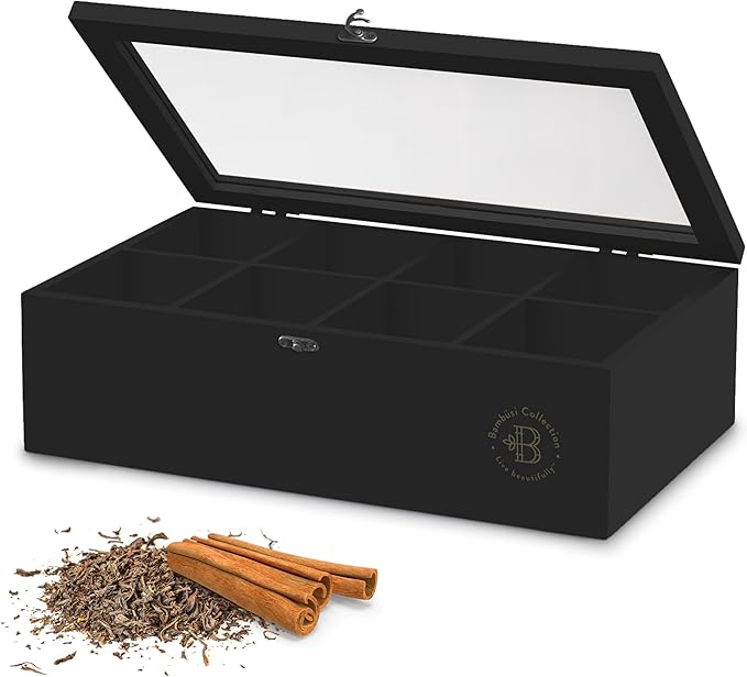 Bambüsi Tea Bag Organizer - Bamboo Tea Box Organizer Storage Box, Tea Bag Holder with Acrylic Window, Magnetic Lid Keeps Tea Bags Fresh