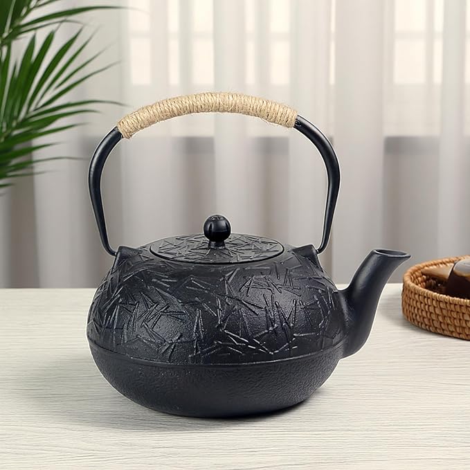 60.9oz YJX Cast Iron Teapot, Japanese Tetsubin Tea Kettle for Stovetop Safe, Cast Iron Tea Pot with Infuser for Loose Leaf, Black Kettle Teapot