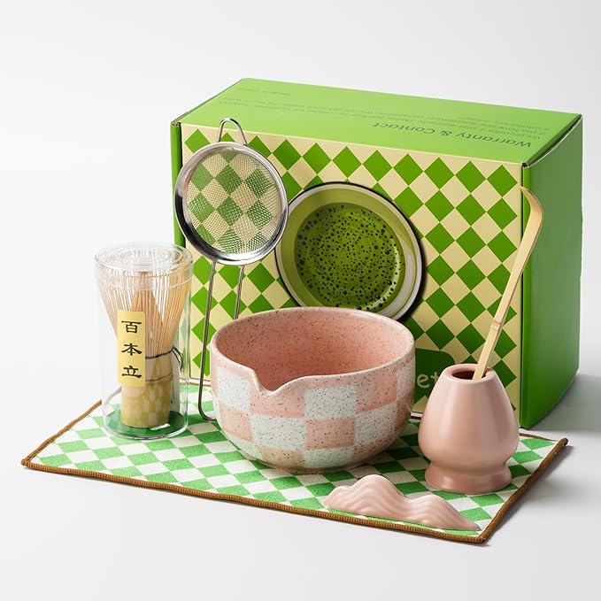 Premium 7-Piece Matcha Tea Set – Traditional Japanese Style with Elegant Grid Pattern, Includes Bamboo Whisk, Ceramic Bowl, Scoop & More