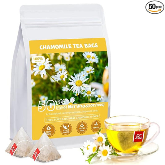 Chamomile Tea Bags, 100% Natural Dried Chamomile Tea Flowers Loose Leaf Premium Herbal Tea No Sugar/Gluten, Caffeine Free-50 Count