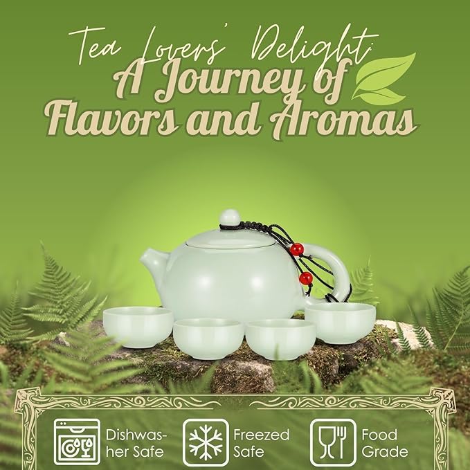 Flexzion Chinese Japanese Vintage Kungfu Gongfu Tea Set Portable Travel Teapot, (Jade Green Celadon/Greenware) Porcelain Ceramic Tea Pot, 4 Tea Cup, Bamboo Tea Tray, Tea Mat, Portable Travel Bag