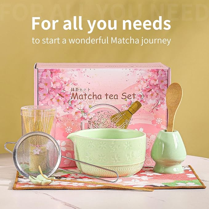 8-Piece Matcha Tea Set with Ceramic Bowls (Flower Pattern), Bamboo Whisk, Scoop, Spoon & Pink Sakura Gift Box – Traditional Japanese Matcha Whisking Kit for Tea Lovers (green)