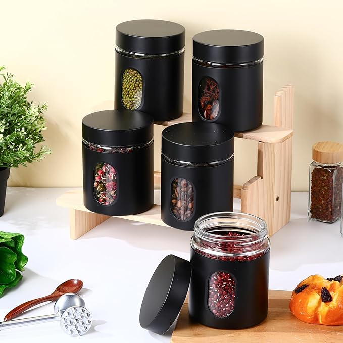 Patelai 6 Pack Kitchen Canisters Set 20 oz Airtight Stainless Steel Canister Food Storage Container with Window Glass, Coffee Sugar Candy Jars Tea Organizer for Flour Cookies Spice Kitchen (Black)