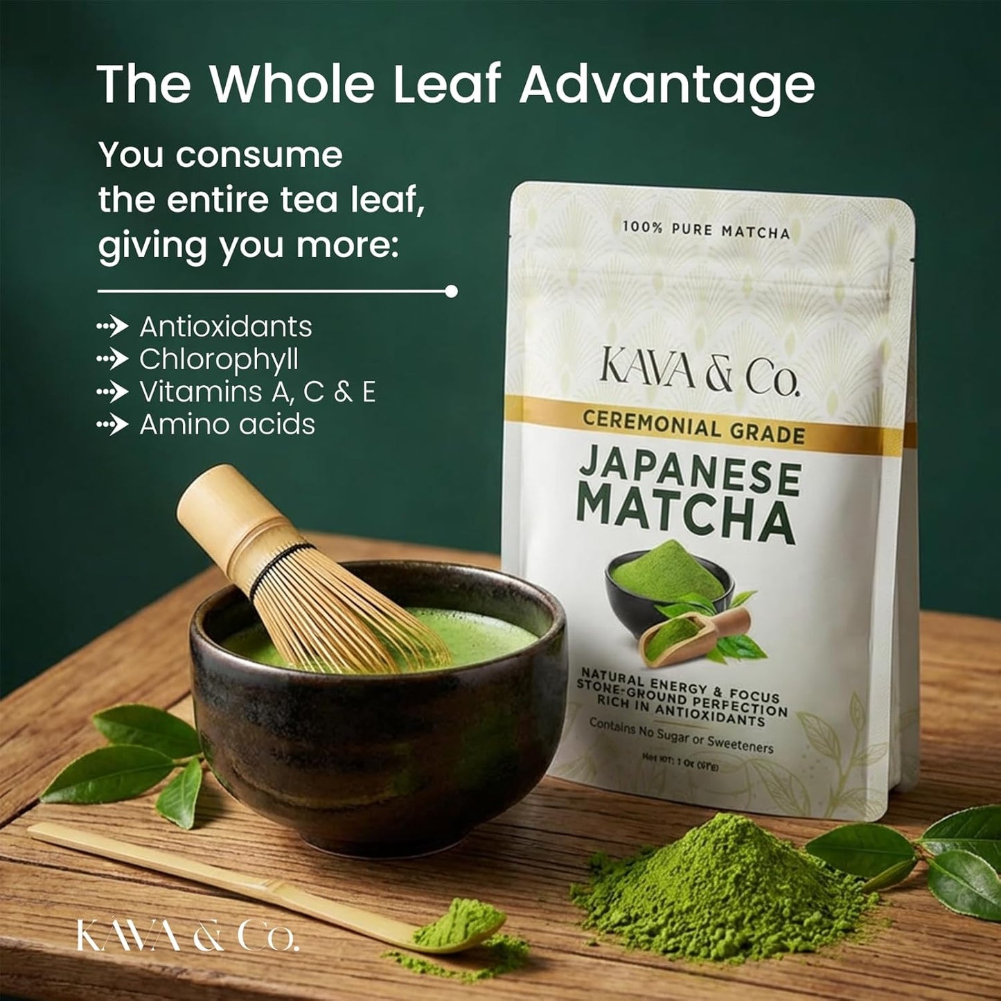 Kava and Co Ceremonial Matcha - Premium Japanese Green Tea - Authentic Stone Ground Matcha Powder - Shade Grown Leaves for Natural Energy - Jitter Free Antioxidant Superfood for Lattes and Smoothies