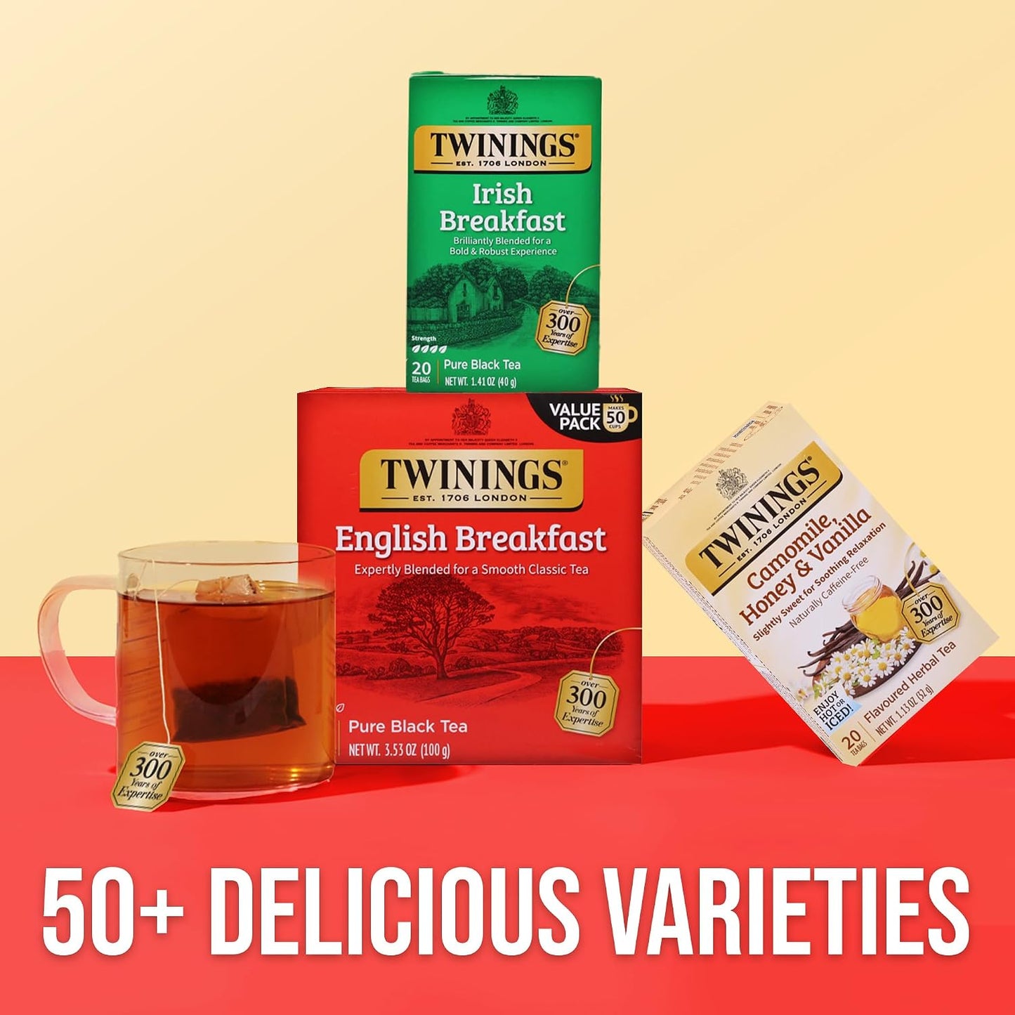 Twinings Irish Breakfast Black Caffeinated Tea Bags, 20 CT Box (6 Pack) | Our Strongest Black Tea, Rich and Bold, Naturally Caffeinated, 120 Foil Lined Individually Wrapped Bags, Enjoy Hot or Iced