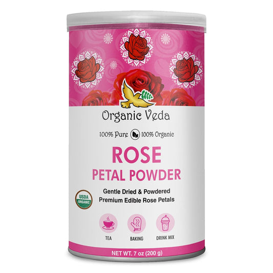 Organic Veda Rose Petals Powder - USDA Organic Edible Dried Rose Petals for Tea, Baking, Drink Mix, DIY Beauty Skin Care, Hair &amp; Face Mask - 100% Pure Rose Powder for Culinary &amp; Aromatherapy, 7 oz