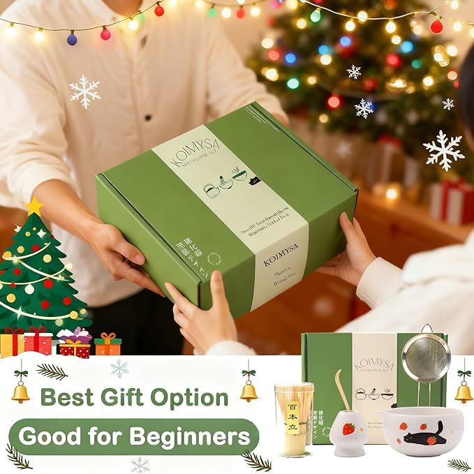 Cute Matcha Whisk Set with Cat and Strawberry Pattern Matt Matcha Bowl, 5PCS Traditional Bamboo Whisk Kit, Chasen and Chashaku, White