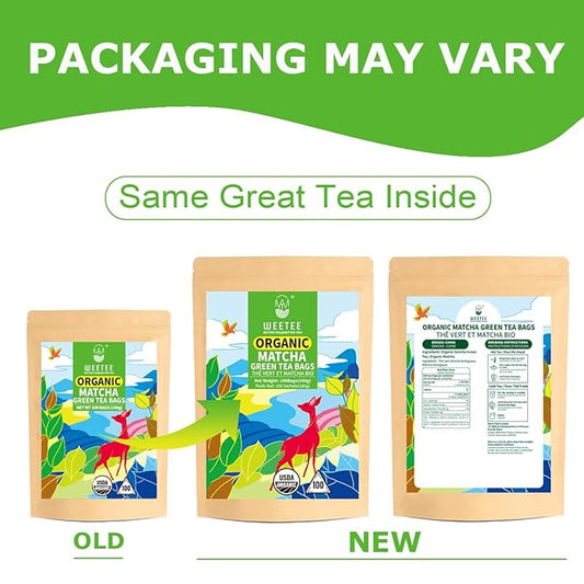 WT WEETEE Organic Matcha Green Tea Bags, Organic Japanese Matcha + Sencha Green Tea Blend 100 Pyramid Sachets, Easy & Quick to Brew for Cold or Hot