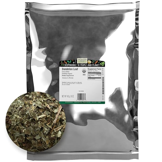 Frontier Co-op Organic Dandelion Leaf, Cut and Sifted - Dried for Loose Tea, Caffeine-Free Coffee Alternative, or Powder Supplement Capsules - Kosher | 16 Ounce (Pack of 1)