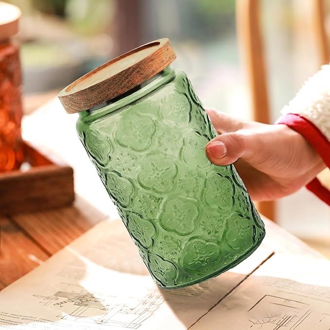 Glass Jar with Lid, Vintage Glass Storage Jars with Airtight Lid Coffee Canister Sugar Container for Kitchen Counter Pantry, Spice, Candy