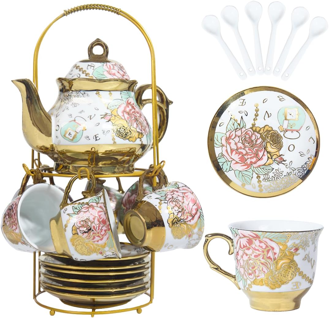 CHANOON Vintage StyleGold-Plated Red Rose Ceramic Tea Set Serving 6 People