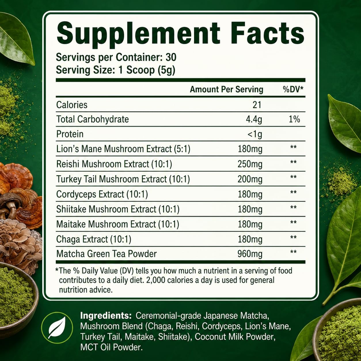 Suiyilary Mushroom Matcha, Ceremonial Matcha Tea Powder with 7 Superfood Mushrooms, Gluten Free, Taste Great Hot or Cold Matcha Latter - 150g 30 Serving