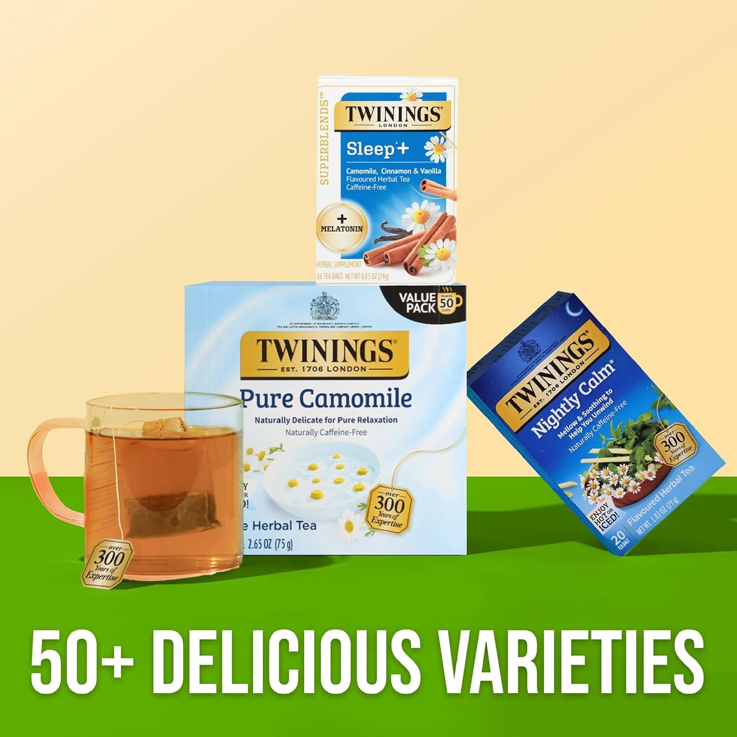 Twinings Sleep+ Camomile with Melatonin Herbal Tea Bags, 16 CT Box (6 Pack) | 1mg Melatonin Added to Camomile, Cinnamon &amp; Vanilla to Make Bedtime Better, Caffeine-Free, 96 Individually Wrapped Tea Bags