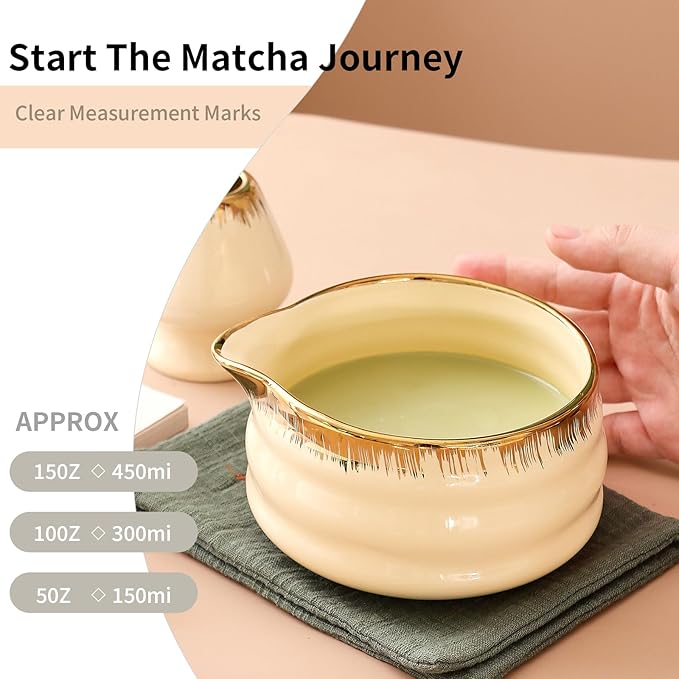 7-Piece Matcha Whisk Set – Yellow Spouted Ceramic Bowl with Golden Texture + Bamboo Whisk, Ceremonial Matcha Kit for Breakfast/Latte