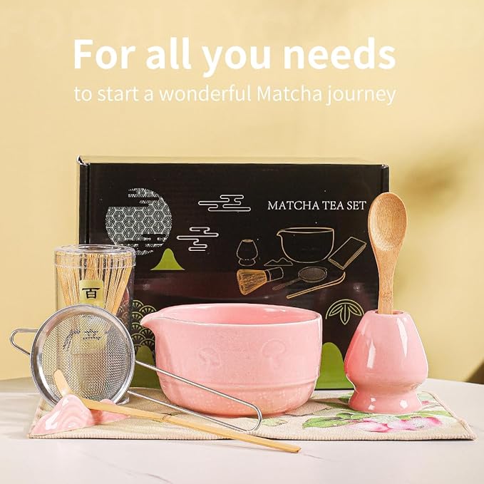 Matcha Set, 8-Piece Ceramic Matcha Bowl & Whisk Kit with Mushroom Pattern, Traditional Japanese Chawan, Bamboo Chasen, Scoop & Sifter