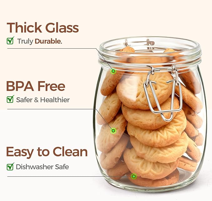 ComSaf 25oz Airtight Glass Canisters with Lids Set of 6, Round Food Storage Jar Container with Clamp Lids for Kitchen Canning Cereal Coffee Pasta Sugar Beans Spice, Clear Mason Jars with 12 Labels