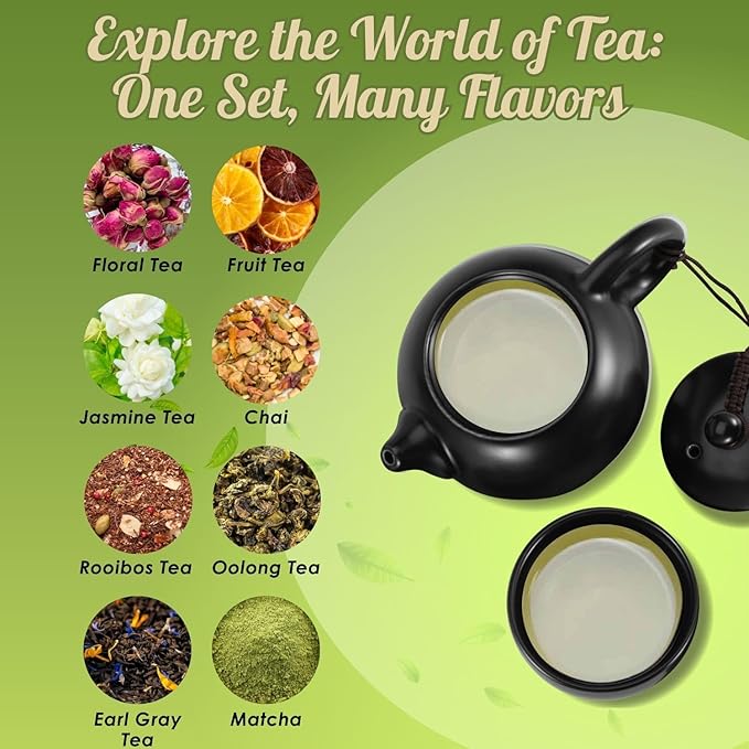 Flexzion Chinese Japanese Vintage Kungfu Gongfu Tea Set Portable Travel Teapot, (Matte Black) Porcelain Ceramic Tea Pot, 4 Tea Cup, Bamboo Tea Tray