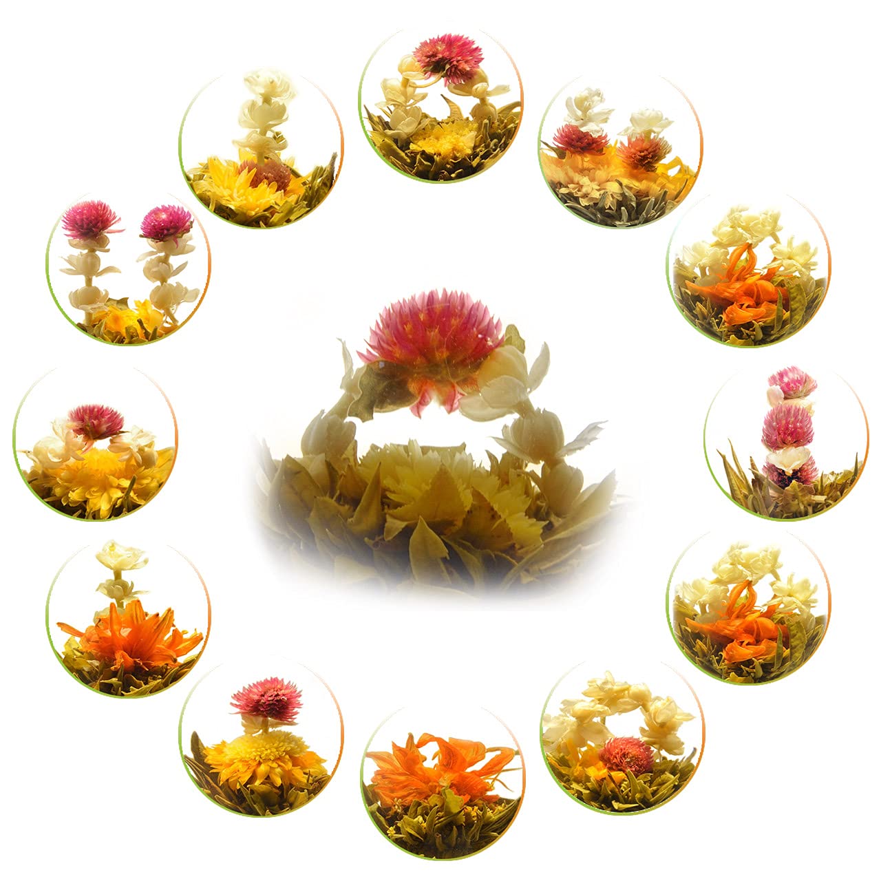 Teavivre 12pcs Handmade Blooming Flower Tea - Radom Varieties of Individually Sealed Tea Ball - Assorted Flowering Green Tea Ball