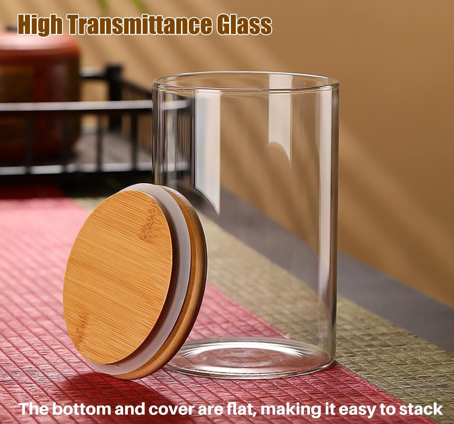 Glass Food Storage Jars with Airtight Lids, Clear Glass Jar with Bamboo Lid, Airtight Food Canister for Tea, Candy, Coffee, Sugar, Cookie, Snack. (Round | 5+6 Inch | 33+17 oz)