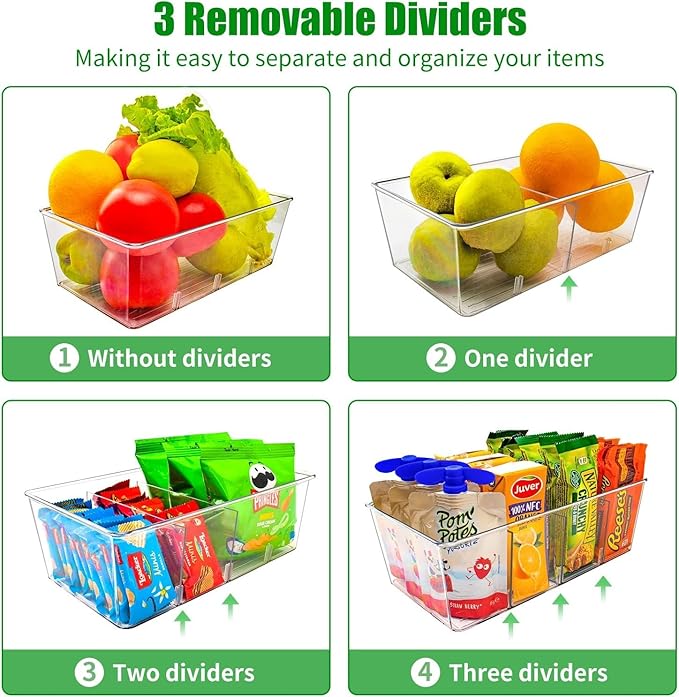 8 Pack Pantry Organizers and Storage,Snack Containers with 3 Dividers for Kitchen,Fridge,Refrigerator Organization and Storage,Clear Plastic Organizer Bins for Spice,Tea bag,Seasoning