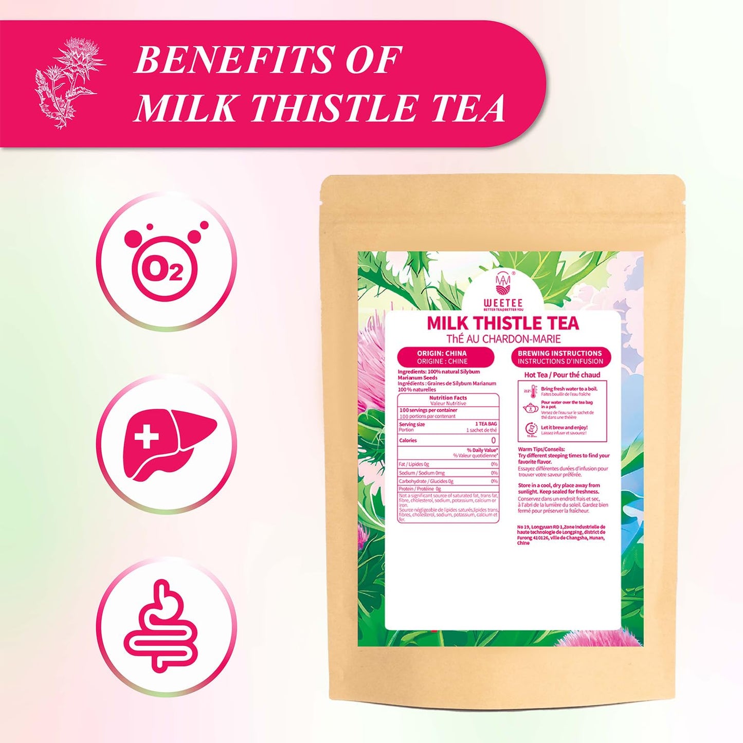 WT WEETEE Milk Thistle Tea Bags 100 Count, Made with 100% Pure Milk Thistle Seeds, Natural Caffeine-free Herbal Tea Detox Tea, Roasted Grain Flavor with Mild Sweetness