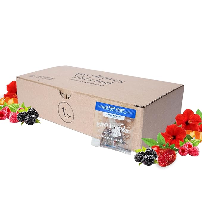 Two Leaves and a Bud Alpine Berry Herbal Tea Bags, Naturally Caffeine Free, Whole Leaf Herbal Tea in with Hibiscus in Sachets, 100 Count