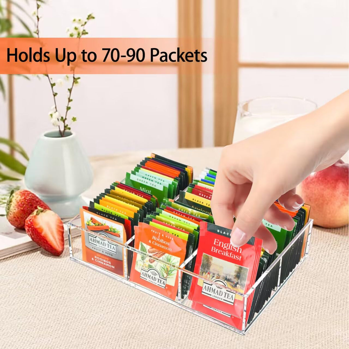 Tasybox Acrylic Tea Bag Organizer, Clear Tea Bag Holder, Drawer Organizer