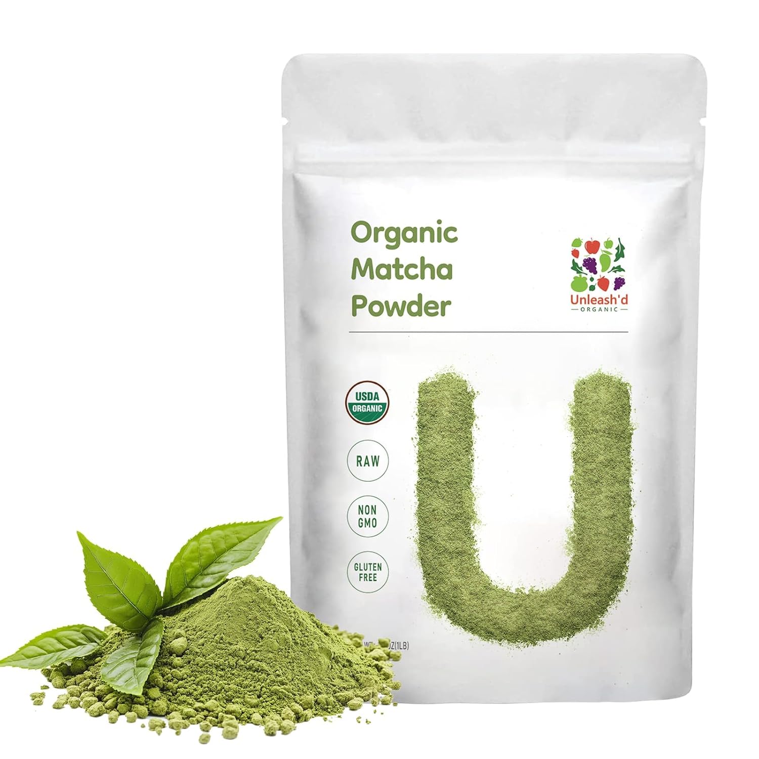 UNLEASH'D ORGANIC Organic Matcha Powder 16 oz – 100% Pure Green Tea Superfood, Antioxidant-Rich, Natural Energy Boost