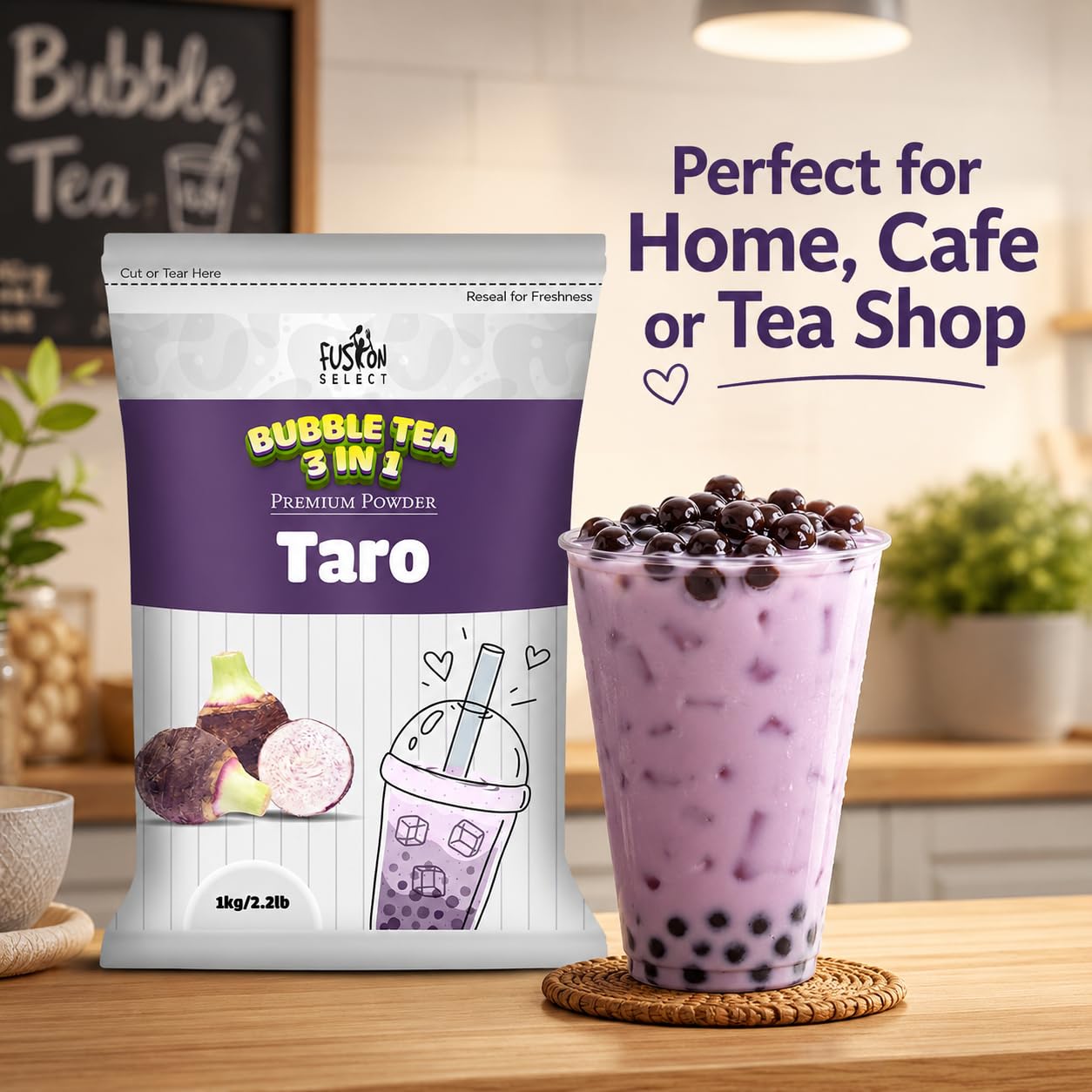 Fusion Select 2.2lb Taro Milk Tea Powder - Instant 3-in-1 Drink Mix with Cream & Sugar for Hot or Cold Blends or Frappes