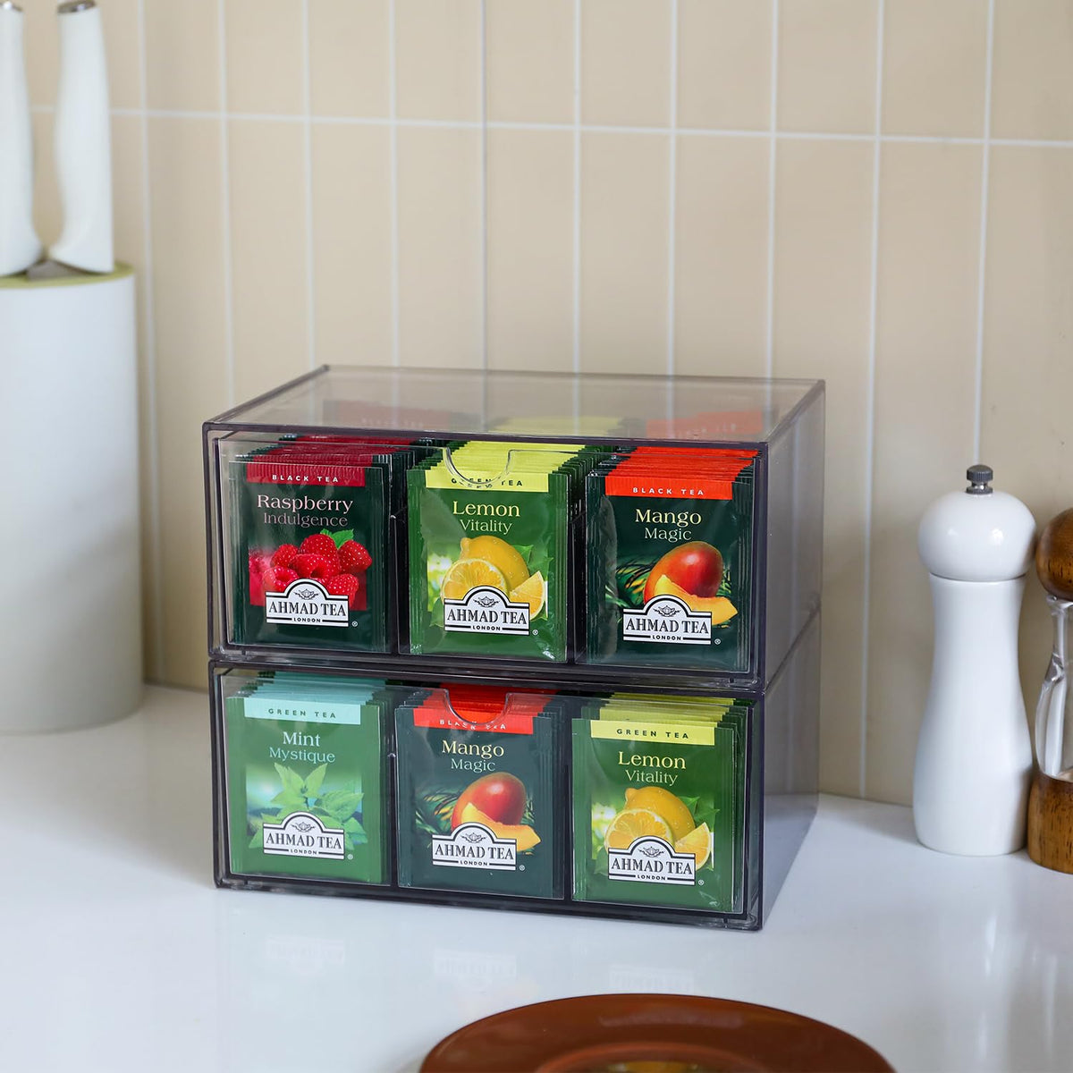 CLUQMEIK 2 Large Acrylic Tea Bag Organizer, 9 Grids Tea Organizers and Storage with Acrylic Drawers Stackable, Teabag Holder