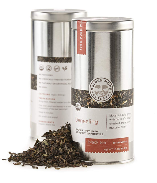 Golden Moon Tea Organic Darjeeling Black Tea - Loose Leaf, Non-GMO - 2.3 Ounce Travel Tin (17 Servings)
