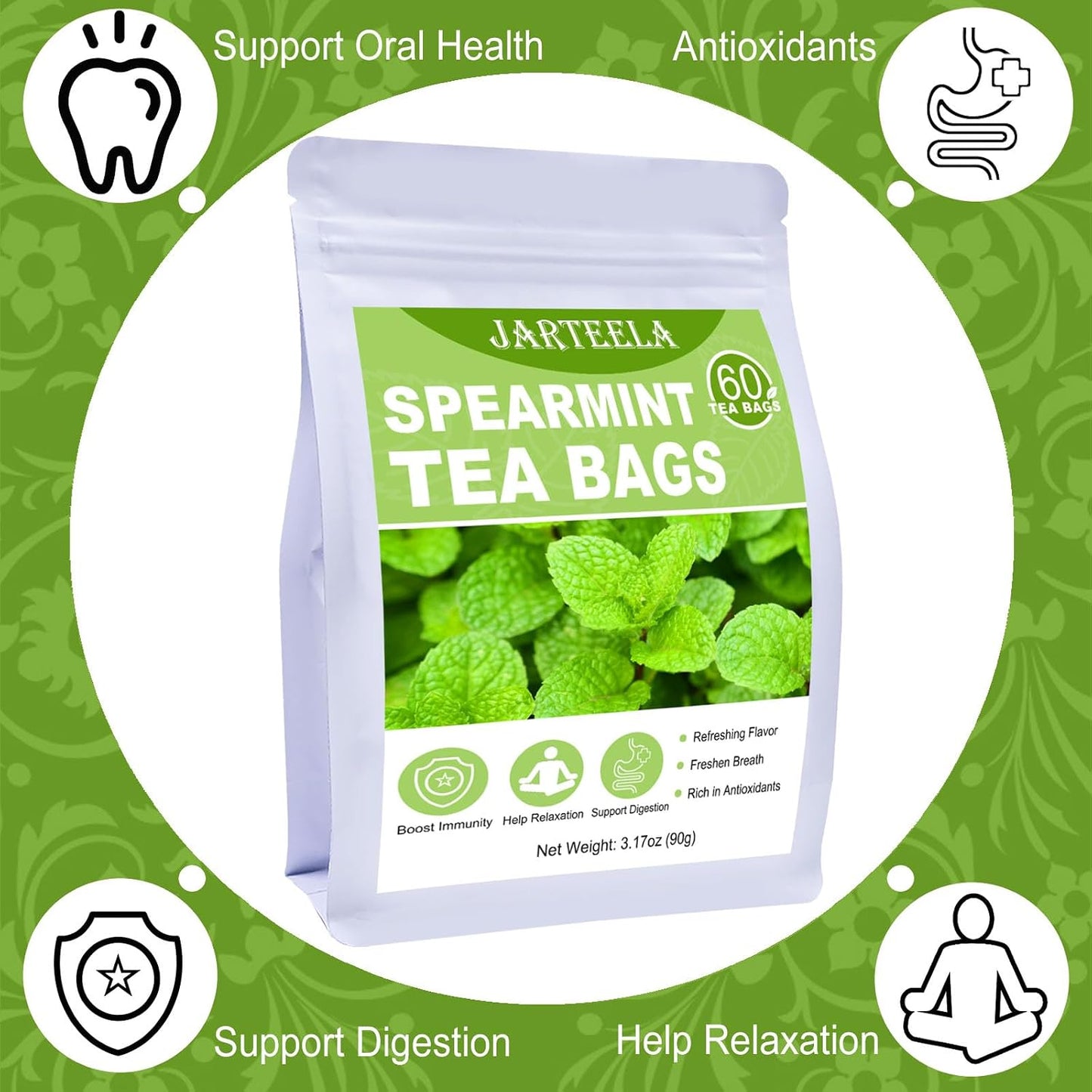 Jarteela - Spearmint Tea Bags, 60 Ct, Spearmint Mint Leaf Tea | 100% spearmint leaves, Non-GMO. Naturally refreshing, helps freshen breath and supports gentle digestion after meals.