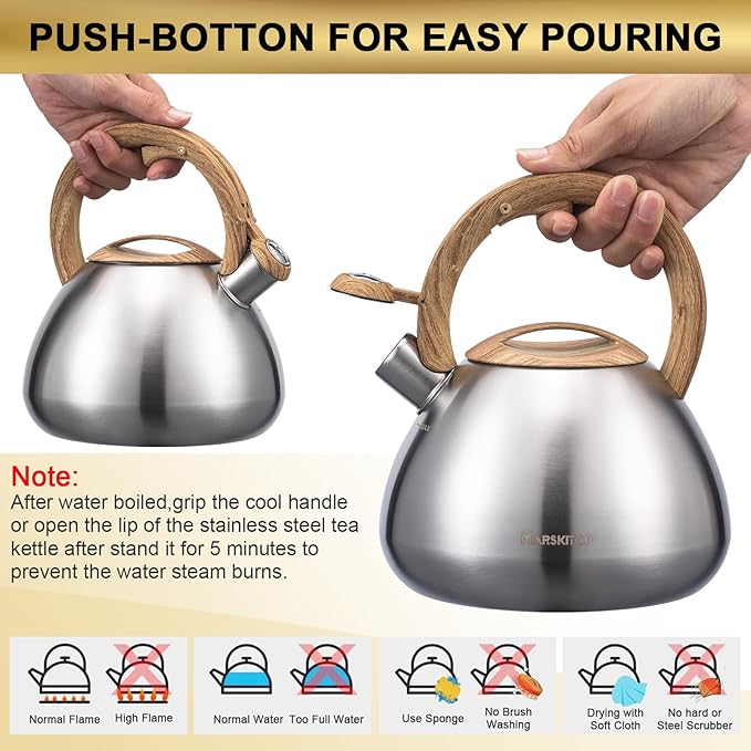Marskitop Tea Pot for Stove Top 2.6 Quart, Stainless Steel Tea Kettle Stovetop Whistling with Stay Cool Handle, Silver