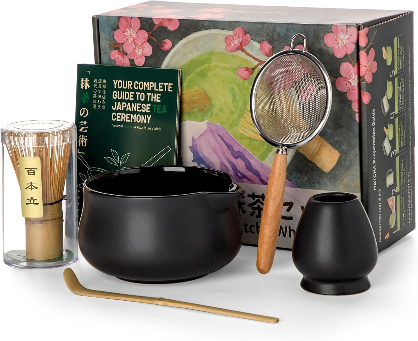 Nucookery Matcha Set with 18oz Ceramic Bowl Bamboo Whisk Kit 5pcs, Black | cute japanese matcha whisk set with spout chawan, chasen, scoop, sifter holder for beginners, tea lovers, starter tools, Gift