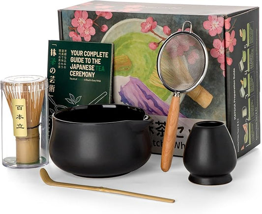 Nucookery Matcha Whisk Set - 5 Pcs Matcha Set with 18oz Ceramic Matcha Bowl (Chawan) with Spout, Bamboo Whisk & Holder, Scoop and Sifter