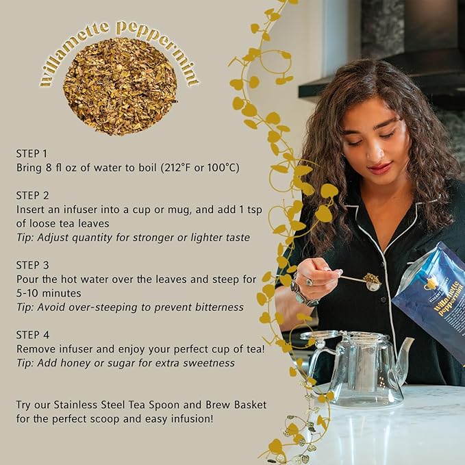 Willamette Peppermint Tea, Organic Loose Leaf Mint Herbal Tea – Soothing, Caffeine-Free – Refreshing Hot or Iced