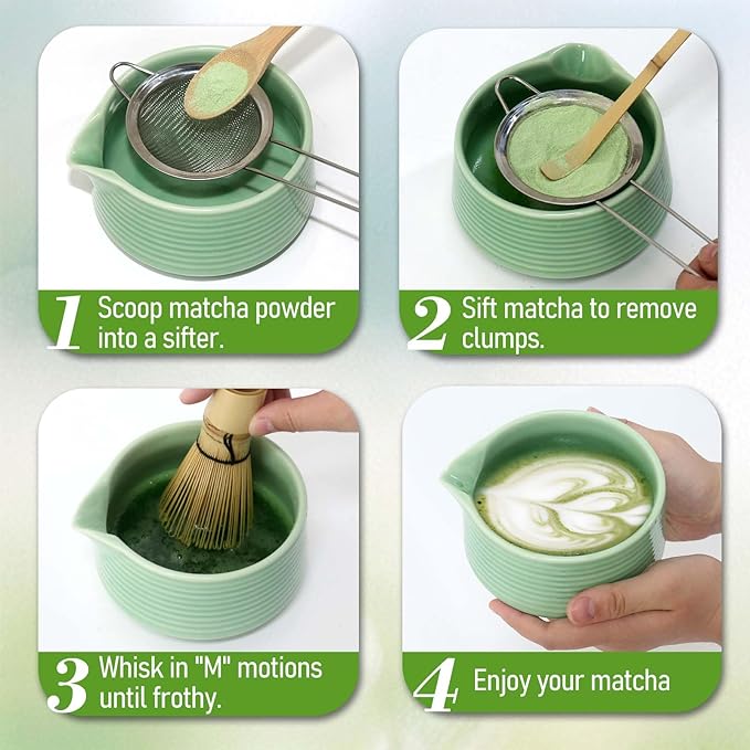 Matcha Whisk Set, 6 Pcs Matcha Set Includes Matcha Bowl with Spout, Matcha Whisk (Chasen), Matcha Whisk Holder, Sifter, Bamboo Spoon & Scoop