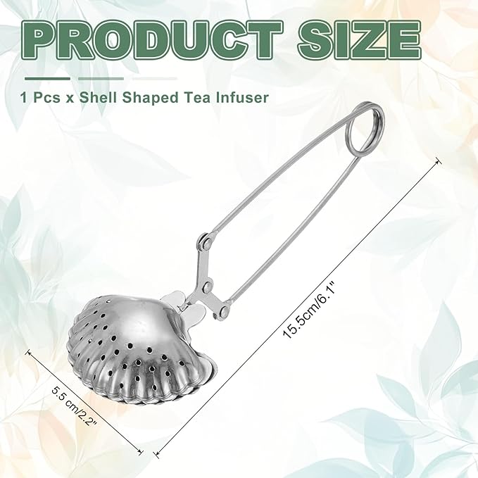 uxcell 1 Pcs Tea Infuser, Stainless Steel Loose Leaf Tea Infuser Filter, Long Handle Tea Steeper Strainers for Cup and Teapot for Tearoom Office Home, Shell Shaped Silver