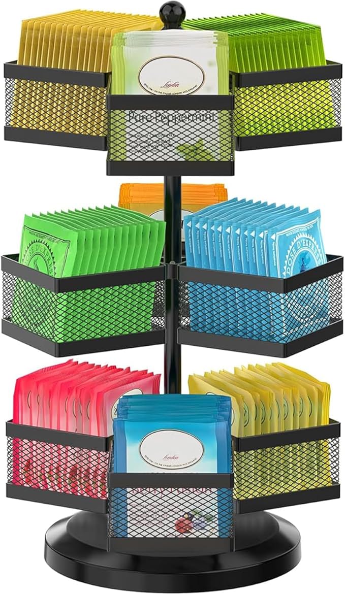 iDavosic.ly 3 Tier Tea Bag Organizer, Packet Storage Holder Spinning Carousel With 9 Compartments, Rotating Metal Caddy for Kitchen Counter Cabinet, Up to 108 Teabags Storage, Black