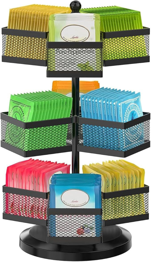 iDavosic.ly 3 Tier Tea Bag Organizer, Packet Storage Holder Spinning Carousel With 9 Compartments, Rotating Metal Caddy for Kitchen Counter Cabinet, Up to 108 Teabags Storage, Black