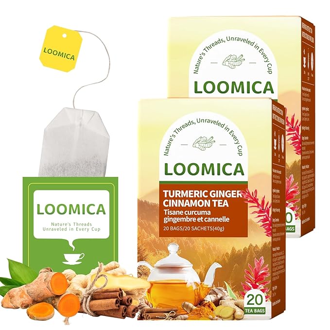 Loomica Turmeric Ginger Cinnamon Tea, Naturally Caffeine-Free, Warm & Spicy Herbal Blend, Rich & Aromatic