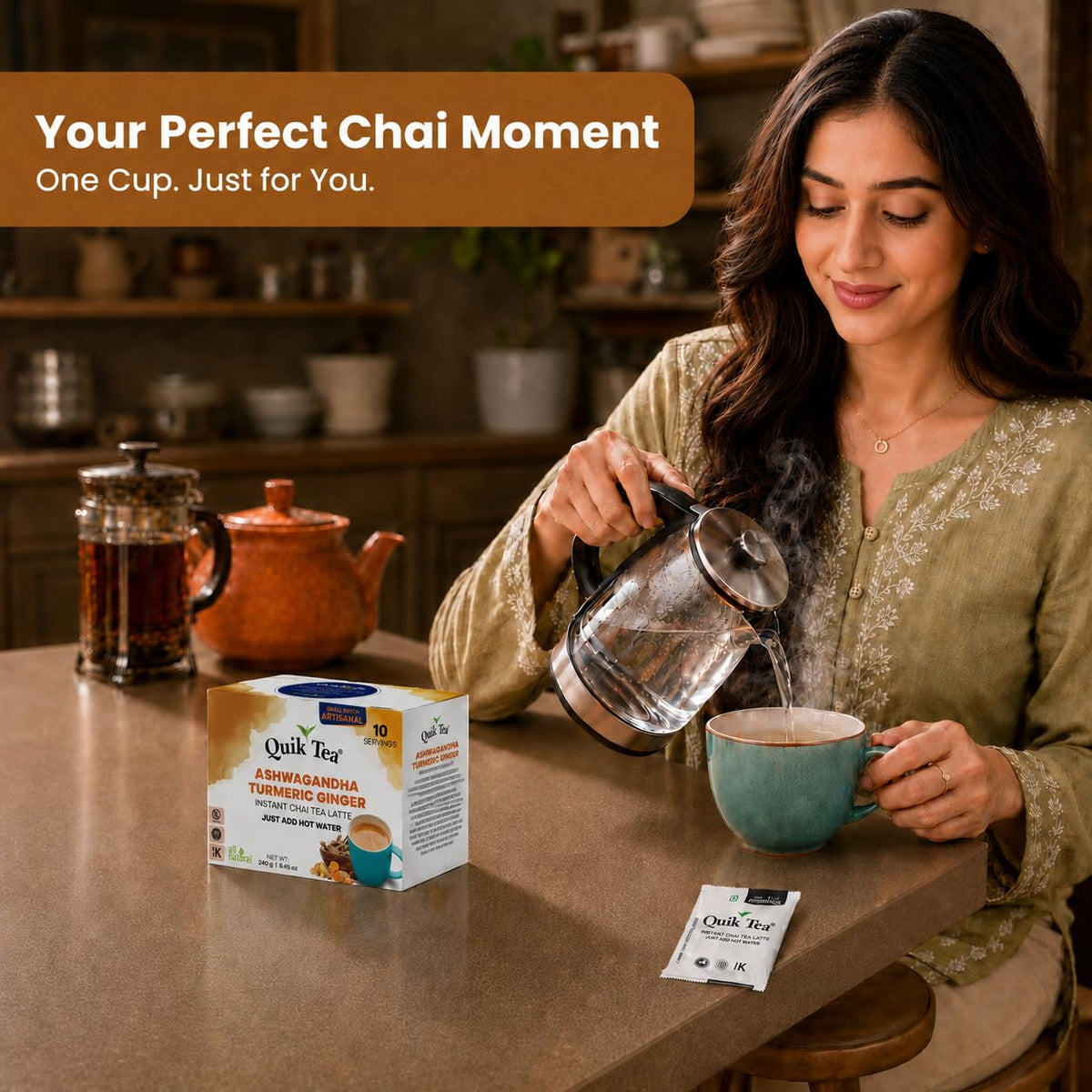 Quik Tea QuikTea Instant Chai Tea Latte Mix, Ashwagandha Turmeric Ginger, 10 Sachets