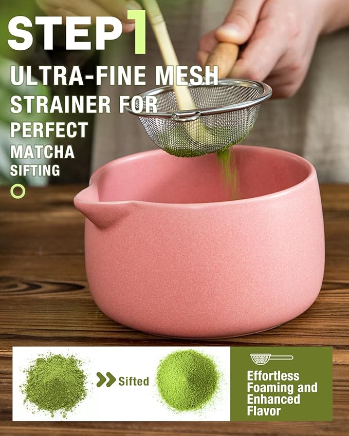 20OZ Matcha Whisk Set - 5PCS Matcha Set Includes Macha Bowl with Spout, Bamboo Whisk with Ceramic Holder, Bamboo Scoop and Sifter