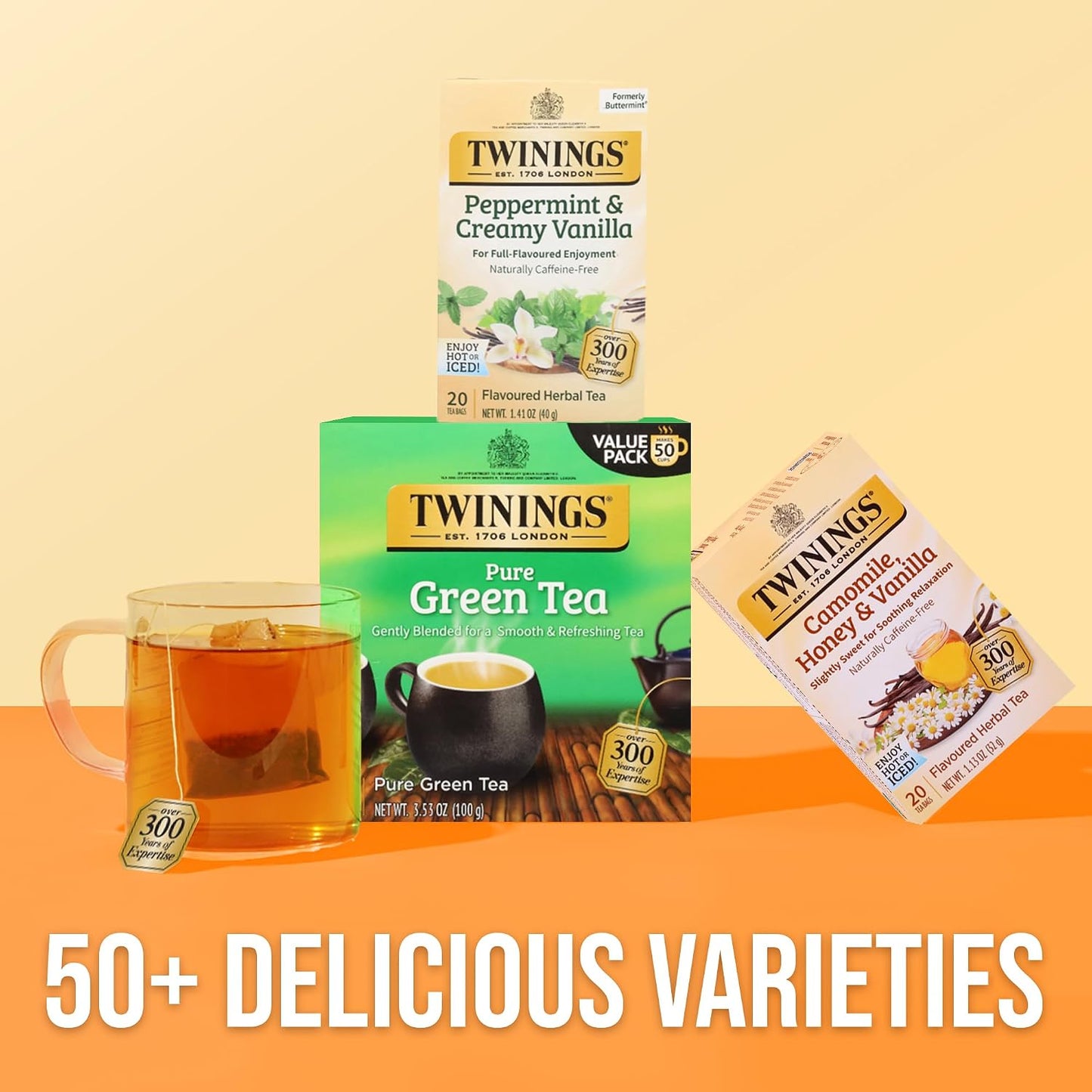 Twinings Peppermint &amp; Creamy Vanilla Herbal Tea Bags, 20 CT Box (1 Pack) | Formerly Buttermint, Minty &amp; Creamy, Naturally Caffeine-Free, 20 Foil Lined Individually Wrapped Bags, Enjoy Hot or Iced