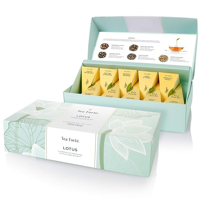 Tea Forte Lotus Petite Presentation Box Tea Gift Set Sampler, 10 Assorted Variety Handcrafted Pyramid Infuser Bags, Black, Green, Oolong, White, Herbal Blends