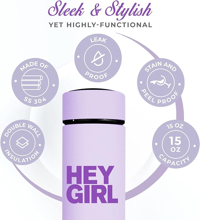 Hey Girl Tea Infuser Bottle 450ml - Insulated Stainless Steel Water Bottle - Tea Tumbler with Tea Diffuser