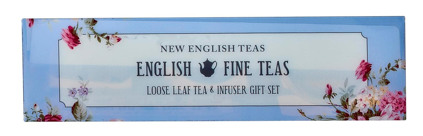 New English Teas Loose Leaf Tea & Infuser Gift Set – 3 Vintage Floral Tins with Breakfast, Earl Grey & Afternoon Blends with Loose Tea Infuser