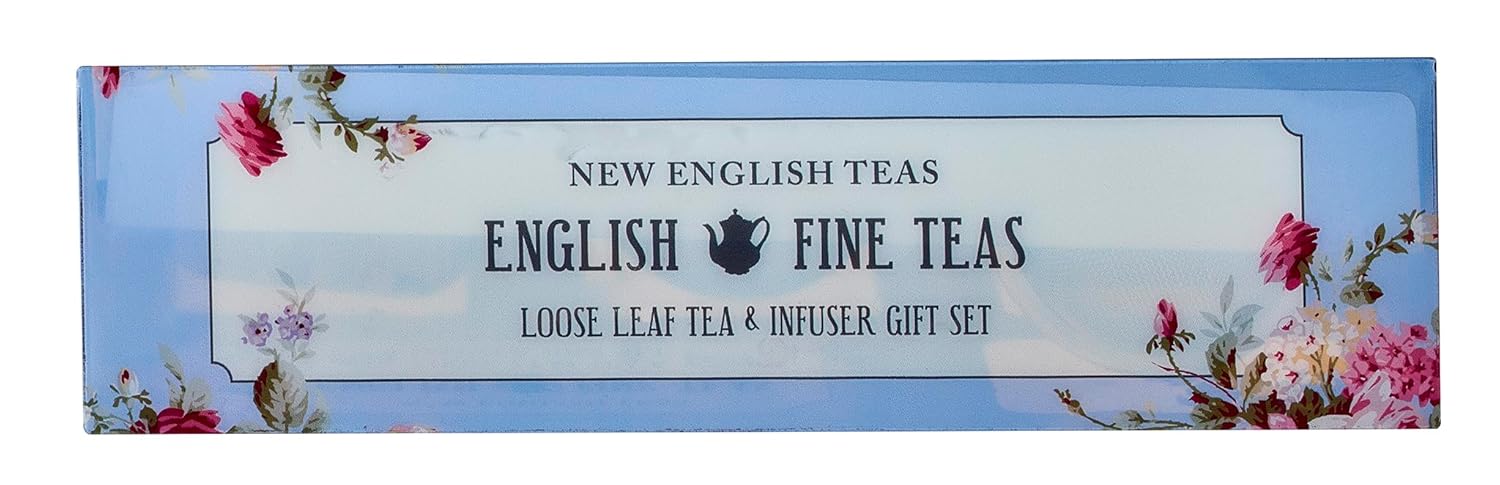 New English Teas Loose Leaf Tea & Infuser Gift Set – 3 Vintage Floral Tins with Breakfast, Earl Grey & Afternoon Blends with Loose Tea Infuser