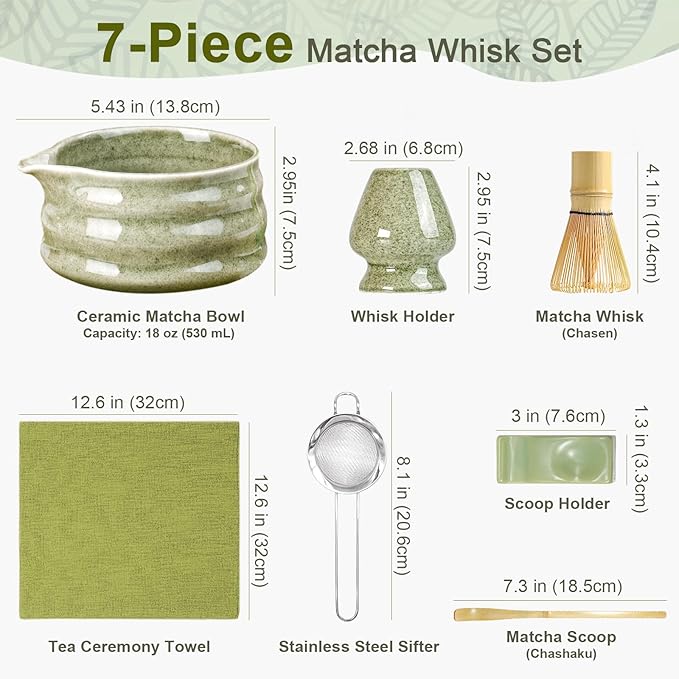 Artisan Ceramic Matcha Set, 7Pcs Japanese Matcha Whisk Kit with Speckled Glaze Bowl, Bamboo Chasen & Sifter