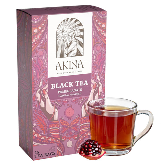 AKINA - Pomegranate Flavored Black Tea Bags, Individually Wrapped, Fruity String and Tag Kenyan Pomegranate Tea Bags, Sweet and Tangy with Refreshing Aroma (Box of 25) (50g)